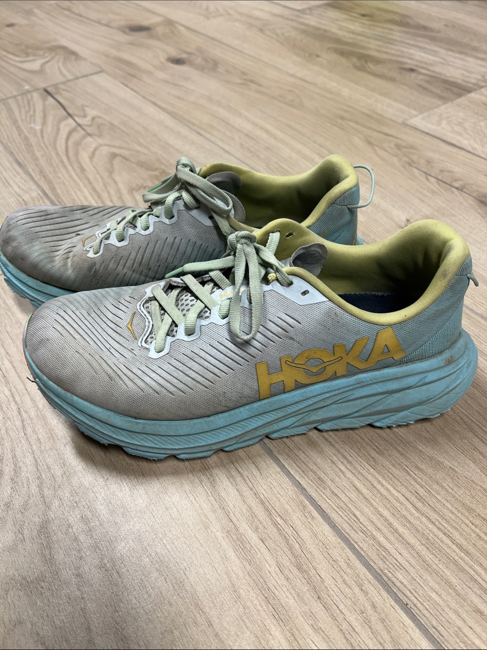 Hoka Light Blue and Yellow Athletic Running Shoes